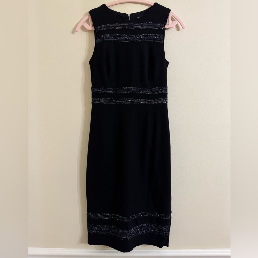 White House Black Market Black Sleeveless Midi Dress with Tweed Detailing Size 0